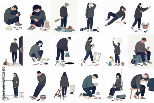 Collection of flat vector illustrations depicting various people experiencing mental health issues, grief, sadness, loneliness, and emotional burnout on a white background.