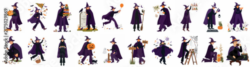 Set of eighteen cartoon illustrations featuring various witch and wizard characters in diverse Halloween-themed poses and activities on a white background.