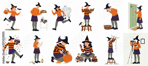 Vector illustration set of a young girl in a witch costume enjoying various Halloween activities, from pumpkin carving to trick-or-treating and candy eating.