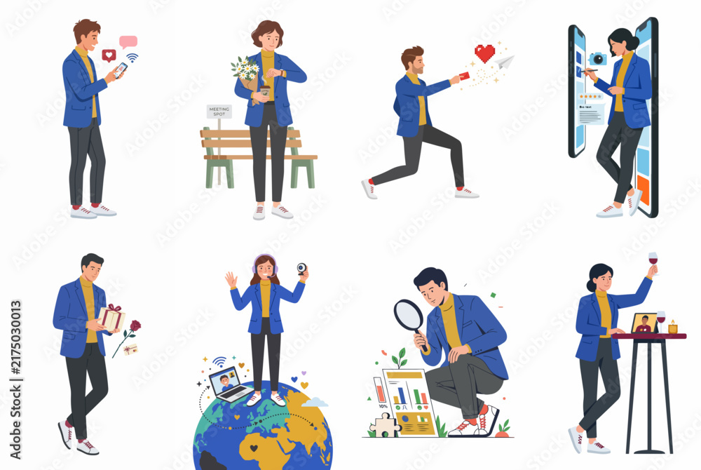Fototapeta premium Modern Life and Relationship Vector Illustrations Set Featuring Digital Communication Dating and Global Connectivity Concept