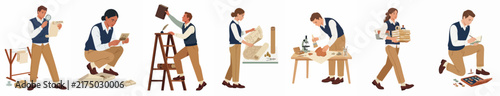 A collection of flat vector illustrations featuring researchers and historians analyzing documents and artifacts in an archival setting.