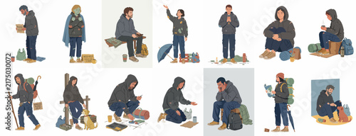 A collection of illustrations showing various homeless people in different poses and situations, highlighting social issues and urban poverty.