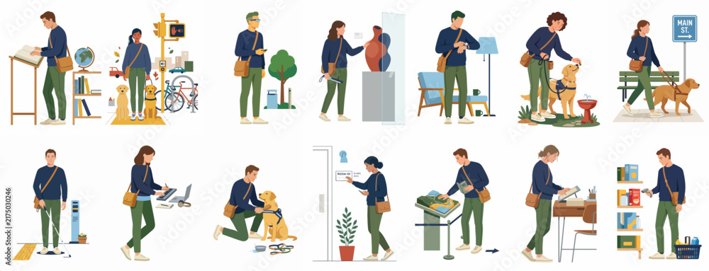 Fototapeta premium Flat vector illustration set of visually impaired people navigating daily activities with white canes, guide dogs, and assistive technologies in various environments.