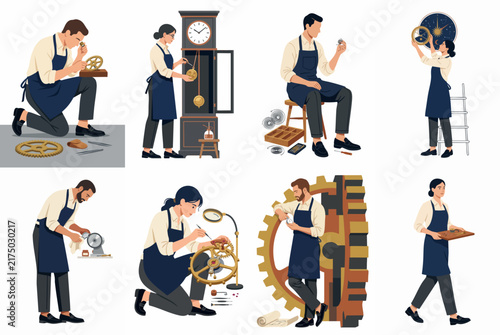 Collection of professional watchmakers and clockmakers repairing various timepieces and gears in a flat vector illustration style.