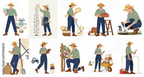 Quadro su tela Collection of diverse male and female farmers engaged in various agricultural activities, including planting, harvesting, and farm management, presented in a flat vector style