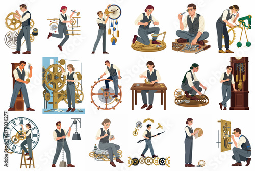 Set of illustrations depicting vintage watchmakers and clockmakers working on intricate mechanical gears, clocks, and timepieces in various poses.