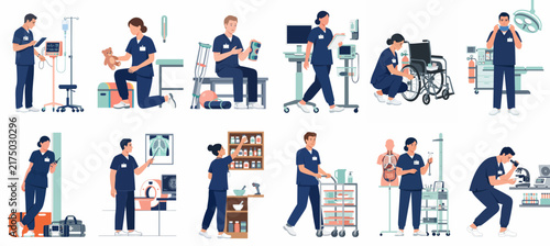 Comprehensive Collection of Flat Medical Staff Illustrations Performing Diverse Healthcare Tasks in Various Clinical Settings
