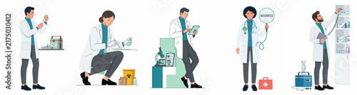 Set of diverse flat illustrations of medical professionals and scientists performing various laboratory and healthcare tasks in white coats on white background.