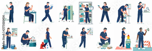 Comprehensive Collection of Healthcare Workers in Blue Scrubs Performing Various Medical Tasks and Procedures in a Professional Hospital Setting