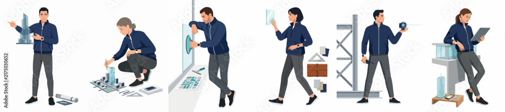 Fototapeta premium Vector illustrations of professional architects and engineers working on building projects, including models, blueprints, and digital tablets in a minimalist style.