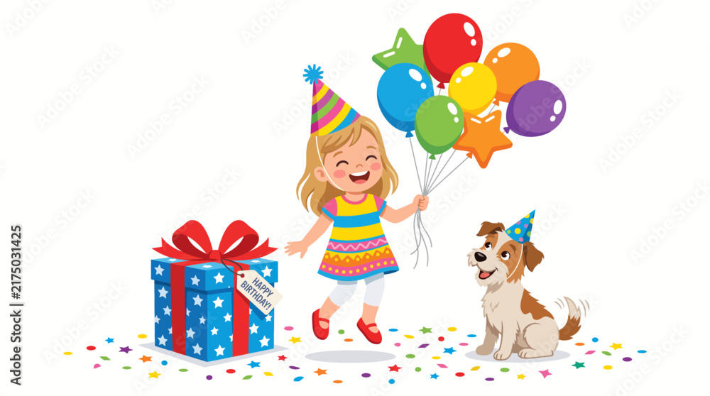 Fototapeta premium Happy Little Girl Celebrating Birthday with Colorful Balloons, a Large Gift Box, and Her Cute Puppy Dog