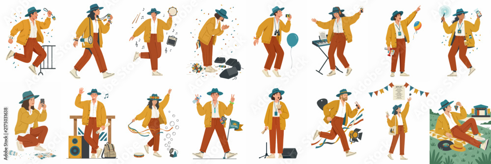 Obraz premium Vector Illustration Set of a Woman in a Yellow Jacket Celebrating and Enjoying Various Fun Activities, Music, and Festive Moments.