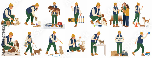 Set of illustrations depicting dog shelter activities including training, rescue, grooming, and adoption with volunteers and various canine breeds.