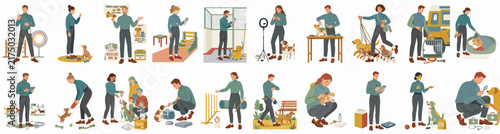 Large Collection of Flat Vector Illustrations Featuring People Caring for Dogs and Cats in Various Daily Activities and Professional Pet Services