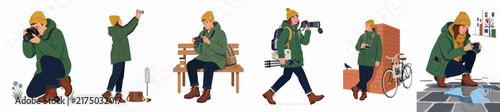 Set of flat vector illustrations depicting a street photographer in various outdoor scenarios, wearing a green parka and a yellow beanie hat.