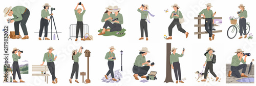 Comprehensive collection of minimalist illustrations depicting people engaged in various photography activities, using cameras and smartphones in diverse outdoor settings.