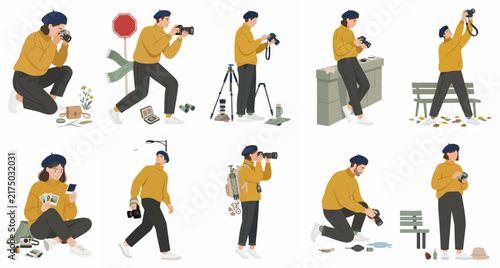 Set of flat vector illustrations featuring a professional photographer in various poses and situations, wearing a yellow sweater and blue beret.