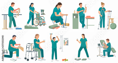 Flat Vector Collection of Physiotherapists Demonstrating Various Rehabilitation Exercises and Medical Equipment