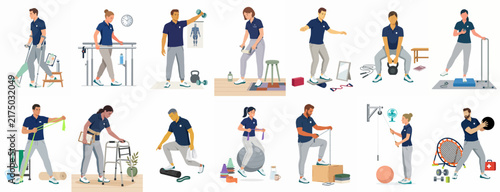 Comprehensive set of illustrations depicting various physical therapy, rehabilitation, and fitness exercises performed by healthcare professionals in a clinical or gym setting.