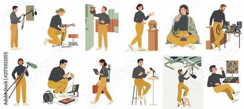 Collection of illustrations featuring sound engineers, foley artists, and audio professionals working with various recording equipment and microphones.