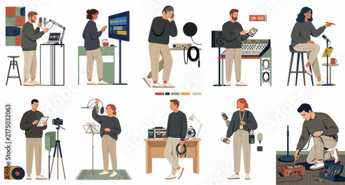 Vector illustration set of people engaged in audio production, podcasting, sound engineering, and multimedia content creation activities.