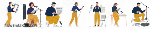 Set of characters recording audio content, podcasts, and music using microphones and laptops in a flat vector illustration style.