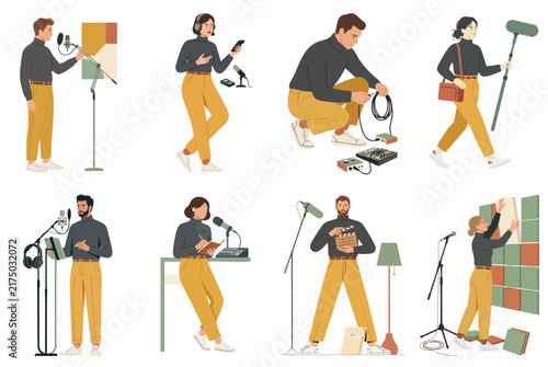 Diverse Professionals Engaged in Audio Production, Including Podcasting, Sound Engineering, Voiceover, and Foley Artistry Illustration