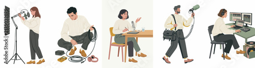 Vector illustrations depicting various stages of audio production including podcasting, field recording, microphone setup, and digital sound editing by professional creators.