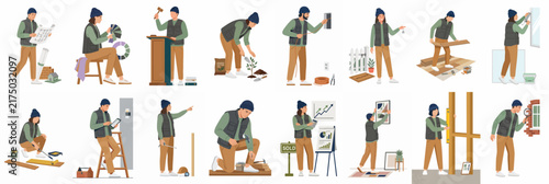 Collection of flat vector illustrations featuring characters engaged in various home renovation, repair, and maintenance tasks for home improvement projects.