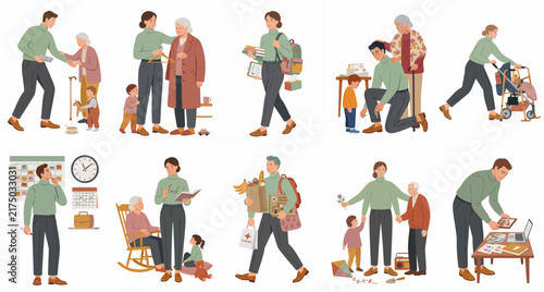 Flat illustrations depicting the sandwich generation balancing care for elderly parents and young children through various daily responsibilities and supportive activities.