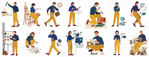 Comprehensive collection of flat vector illustrations featuring diverse characters engaged in various professional, creative, and educational activities on a white background.