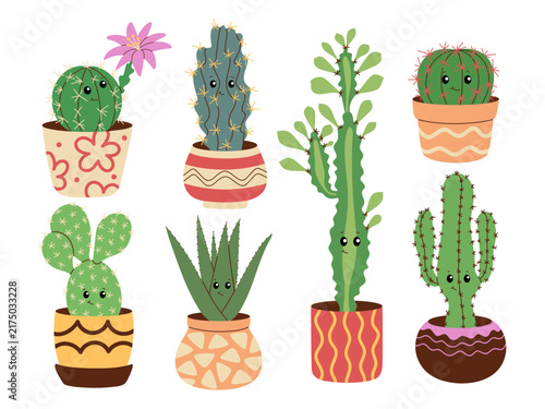 Cute cacti in colorful pots. Flat vector set of smiling desert plants.