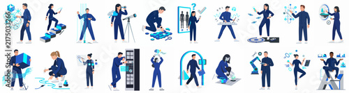 Collection of Vector Illustrations Featuring Industrial Professionals and Technicians Engaging with Modern Technology, Automation, and Data Management in Various Scenes.