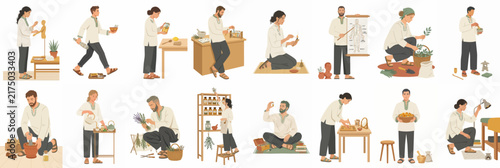 Collection of diverse people engaged in various creative hobbies, handicrafts, and manual work activities, illustrated in a modern minimalist style on white background.