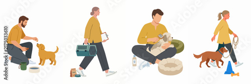 Vector illustration set of people caring for dogs, including feeding, grooming, walking, and visiting the vet.