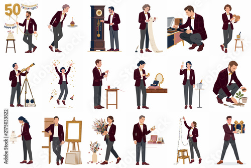 A comprehensive set of vector illustrations depicting a stylish man in various poses and activities, including celebrating, gardening, painting, and gifting.