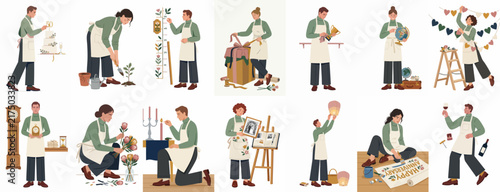 Set of People Engaging in Various Hobbies and Creative Activities like Gardening, Painting, Crafting, and Cooking Wearing Aprons