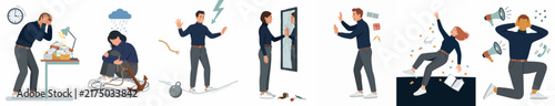 Collection of flat illustrations depicting mental health issues, burnout, depression, stress, and emotional struggles in professional and personal life.
