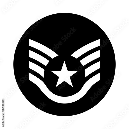 Military chevron insignia with star symbol, black and white air force rank graphic design icon