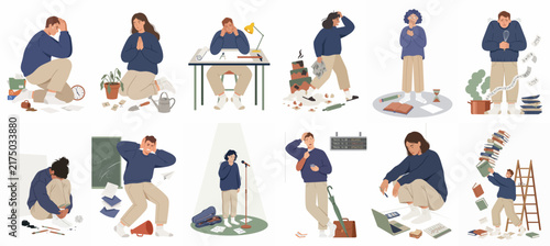 Flat illustration set depicting various people experiencing failure, frustration, and life struggles in different professional and personal scenarios.