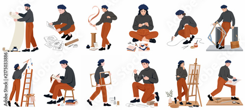 Flat design collection of diverse artists engaged in creative activities like painting, drawing, and sculpting in various poses isolated on white.