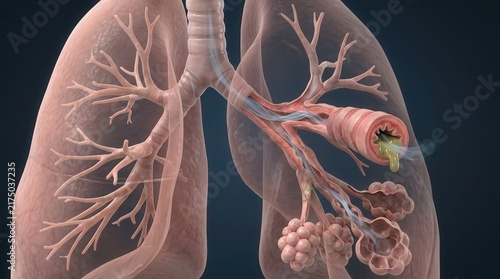 Medical Illustration of Asthma Attack and Constricted Airway in Human Lungs