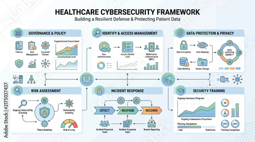 Healthcare cybersecurity framework infographic with icons.