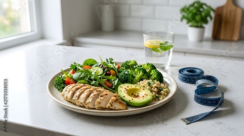 Healthy meal with grilled chicken breast, fresh salad, broccoli, avocado, and quinoa on a plate with a measuring tape