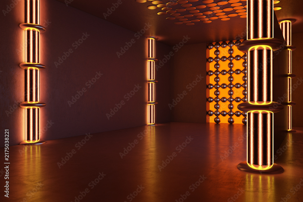 Naklejka premium Neon architectural interior with glowing cylindrical columns, reflective floor, geometric ceiling and luminous orange backdrop. 3D Rendering