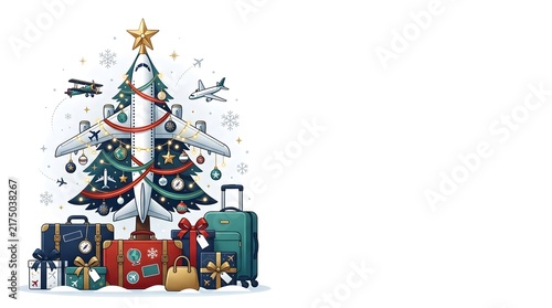 Christmas Tree Decorated with Airplanes and Luggage for Holiday Travel.