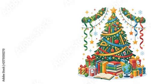 Christmas Tree Decorated with School Supplies and Gifts.