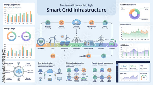 Smart grid infrastructure with renewable energy sources and power distribution.