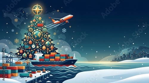 Global Christmas Shipping and Logistics with Cargo Ship and Airplane.
