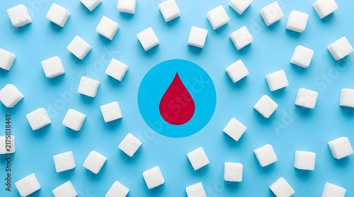 Sugar cubes surrounding a red blood drop icon on a blue background representing diabetes and blood glucose levels
